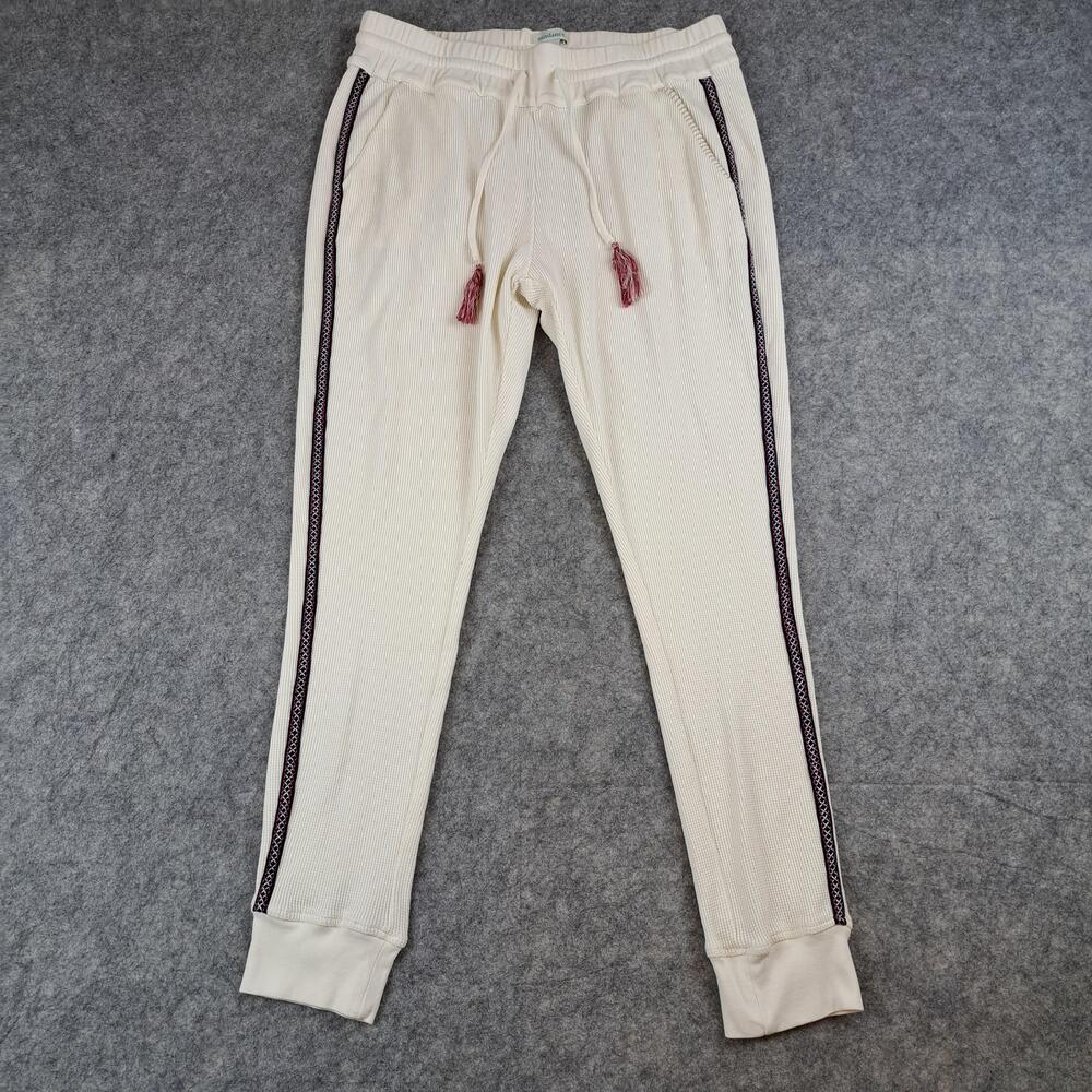 Sundance Pants Womens Medium Ivory Waffle Knit Joggers Tassel Drawstring Stripe